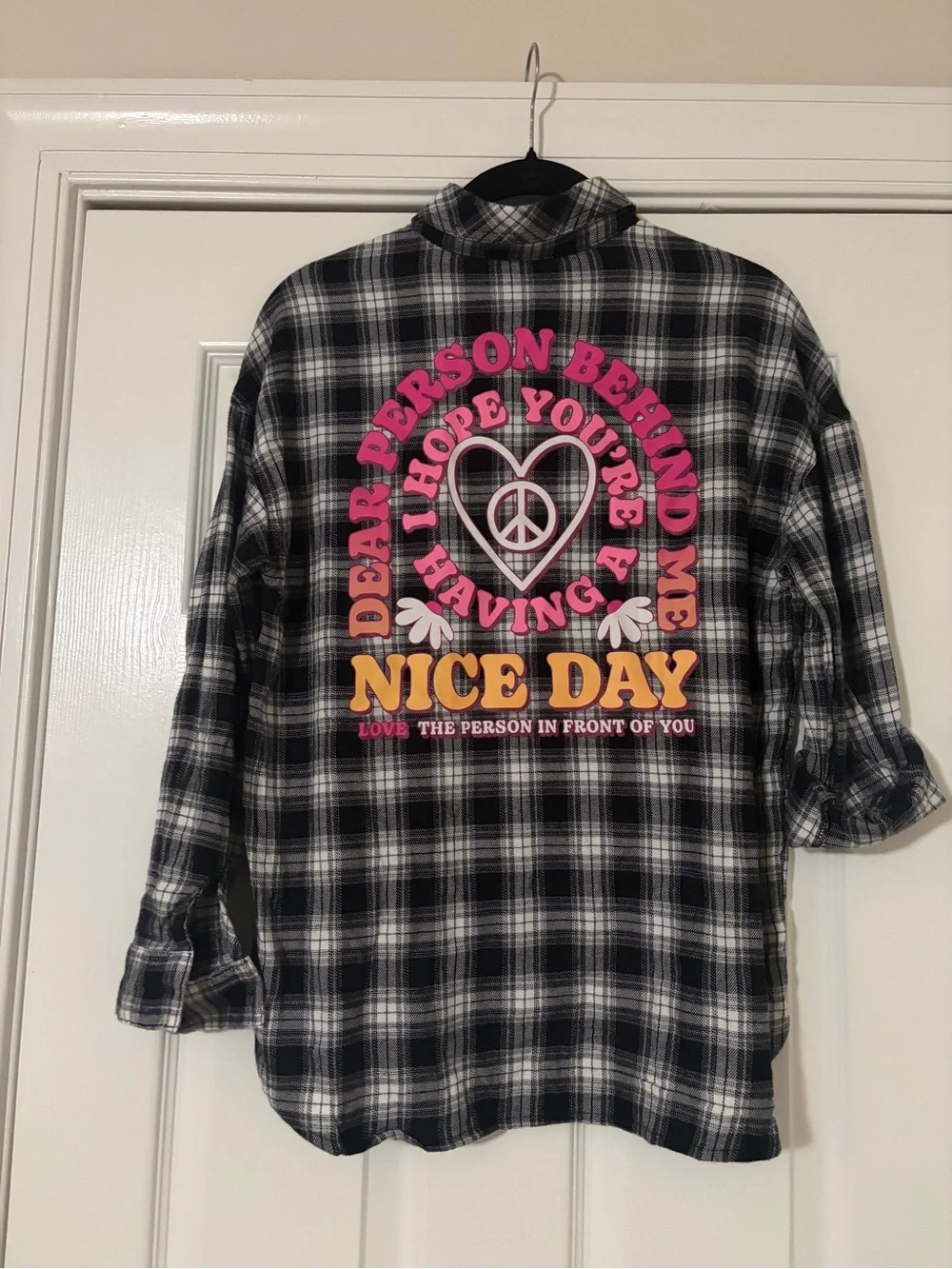 Justice Black & White Plaid Button-Down Shirt with Pink Logo Patches